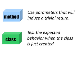 Use parameters that will
method   induce a trivial return.


         Test the expected
class    behavior when the class
         is just created.
 