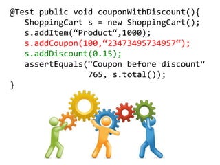 @Test public void couponWithDiscount(){
   ShoppingCart s = new ShoppingCart();
   s.addItem(“Product“,1000);
   s.addCoupon(100,“23473495734957“);
   s.addDiscount(0.15);
   assertEquals(“Coupon before discount“
                765, s.total());
}
 