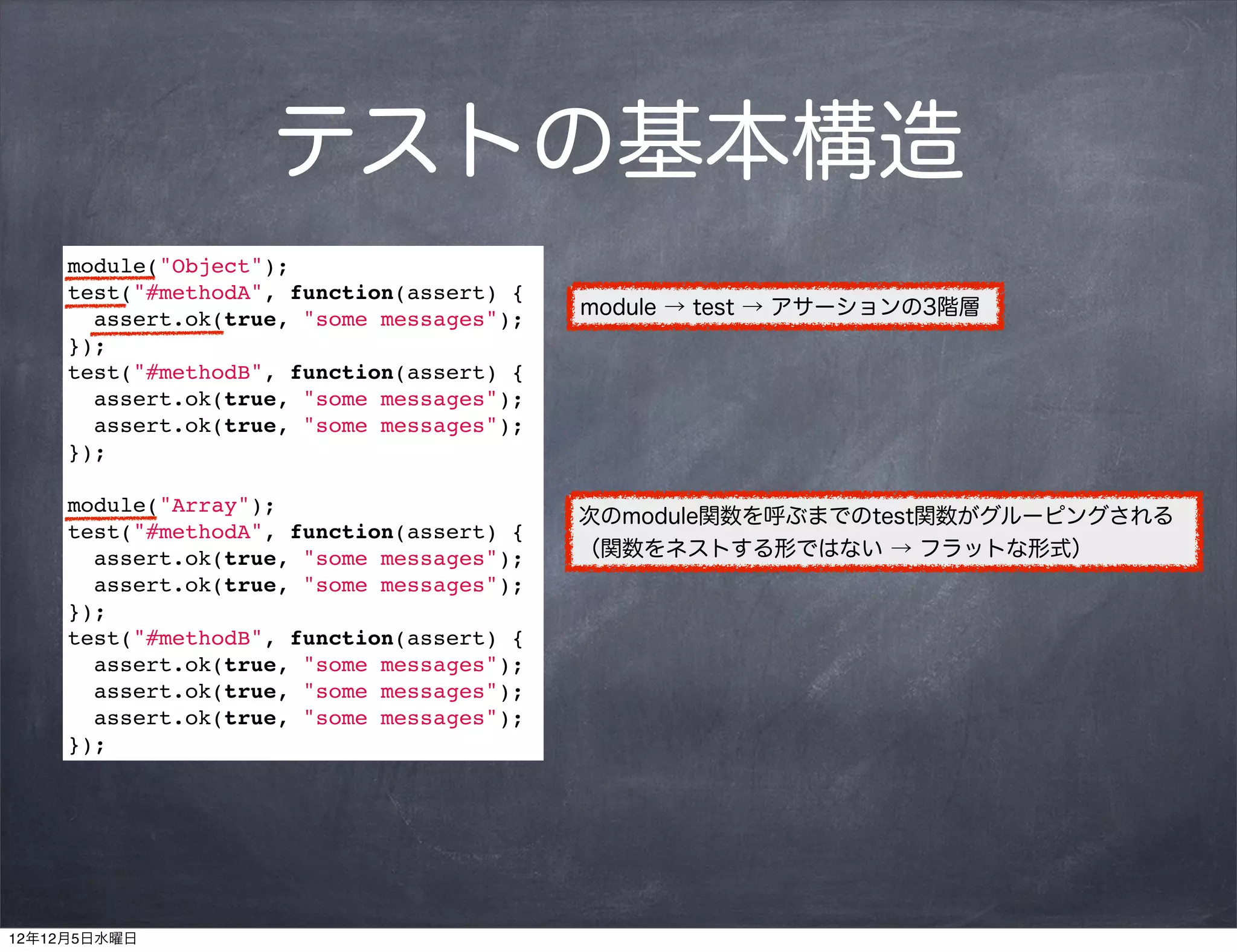 テストの基本構造
     module("Object");
     test("#methodA", function(assert) {
                                           module → test → アサーションの3階層
       assert.ok(true, "some messages");
     });
     test("#methodB", function(assert) {
       assert.ok(true, "some messages");
       assert.ok(true, "some messages");
     });

     module("Array");
                                           次のmodule関数を呼ぶまでのtest関数がグルーピングされる
     test("#methodA", function(assert) {
       assert.ok(true, "some messages");   （関数をネストする形ではない → フラットな形式）
       assert.ok(true, "some messages");
     });
     test("#methodB", function(assert) {
       assert.ok(true, "some messages");
       assert.ok(true, "some messages");
       assert.ok(true, "some messages");
     });




12年12月5日水曜日
 