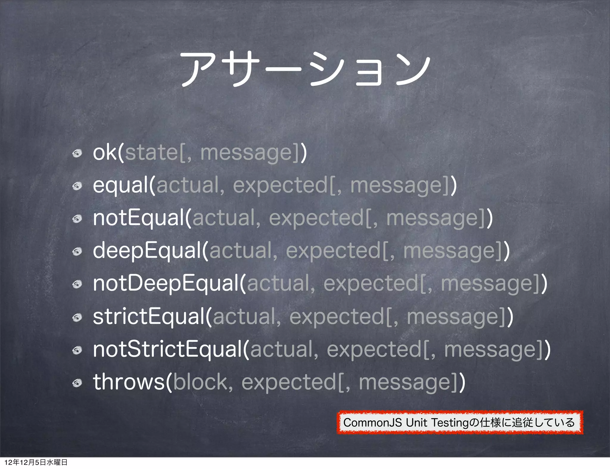 アサーション
              ok(state[, message])
              equal(actual, expected[, message])
              notEqual(actual, expected[, message])
              deepEqual(actual, expected[, message])
              notDeepEqual(actual, expected[, message])
              strictEqual(actual, expected[, message])
              notStrictEqual(actual, expected[, message])
              throws(block, expected[, message])
                                     CommonJS Unit Testingの仕様に追従している


12年12月5日水曜日
 