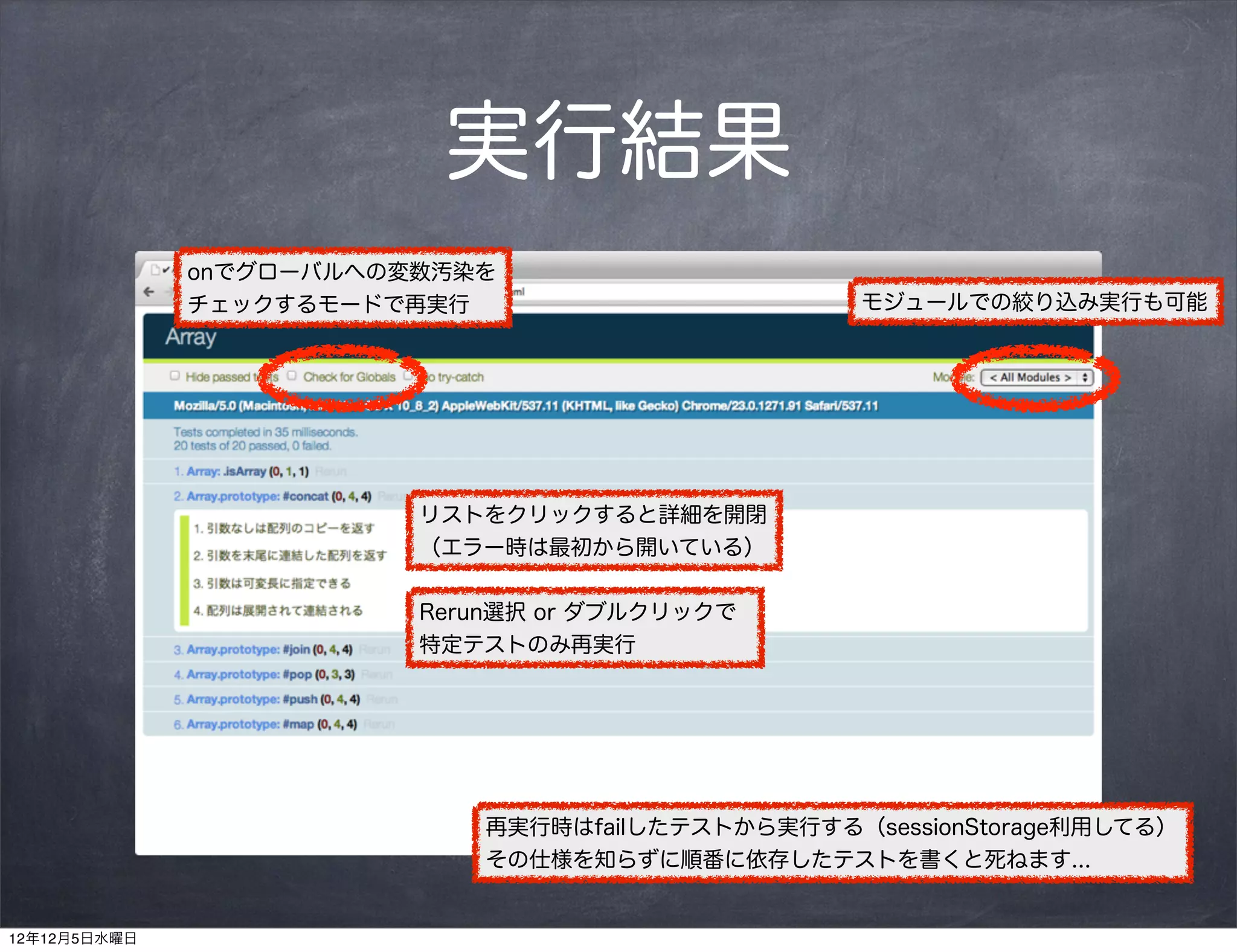 実行結果
              onでグローバルへの変数汚染を
              チェックするモードで再実行                       モジュールでの絞り込み実行も可能




                         リストをクリックすると詳細を開閉
                         （エラー時は最初から開いている）

                         Rerun選択 or ダブルクリックで
                         特定テストのみ再実行




                            再実行時はfailしたテストから実行する（sessionStorage利用してる）
                            その仕様を知らずに順番に依存したテストを書くと死ねます...


12年12月5日水曜日
 