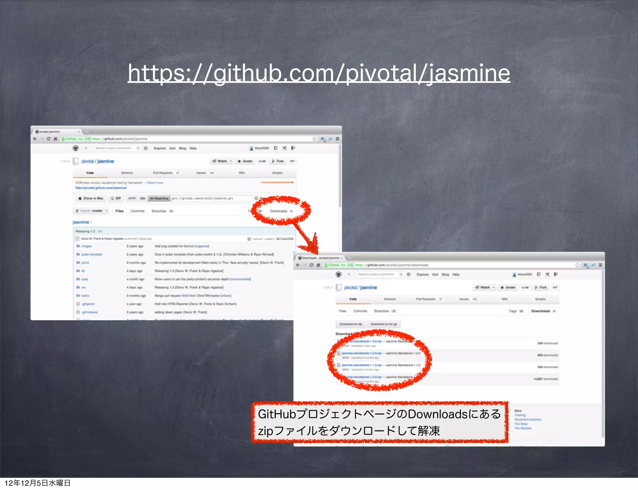 https://github.com/pivotal/jasmine




                         GitHubプロジェクトページのDownloadsにある
                         zipファイルをダウンロードして解凍



12年12月5日水曜日
 