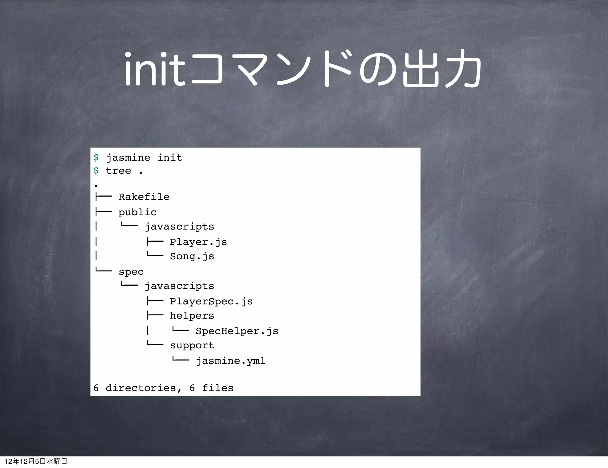 initコマンドの出力
              $ jasmine init
              $ tree .
              .
              !"" Rakefile
              !"" public
              #   $"" javascripts
              #        !"" Player.js
              #        $"" Song.js
              $"" spec
                  $"" javascripts
                      !"" PlayerSpec.js
                      !"" helpers
                      #   $"" SpecHelper.js
                      $"" support
                          $"" jasmine.yml

              6 directories, 6 files




12年12月5日水曜日
 