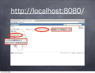 http://localhost:8080/

                          新規ジョブ作成はこっち




     システムの設定はここ
     Gitプラグインをまず入れる




12年12月5日水曜日
 
