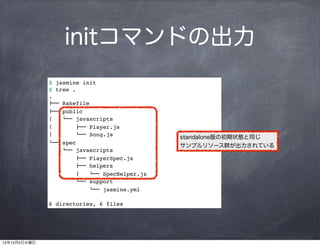 initコマンドの出力
              $ jasmine init
              $ tree .
              .
              !"" Rakefile
              !"" public
              #   $"" javascripts
              #        !"" Player.js
              #        $"" Song.js            standalone版の初期状態と同じ
              $"" spec
                                              サンプルリソース群が出力されている
                  $"" javascripts
                      !"" PlayerSpec.js
                      !"" helpers
                      #   $"" SpecHelper.js
                      $"" support
                          $"" jasmine.yml

              6 directories, 6 files




12年12月5日水曜日
 