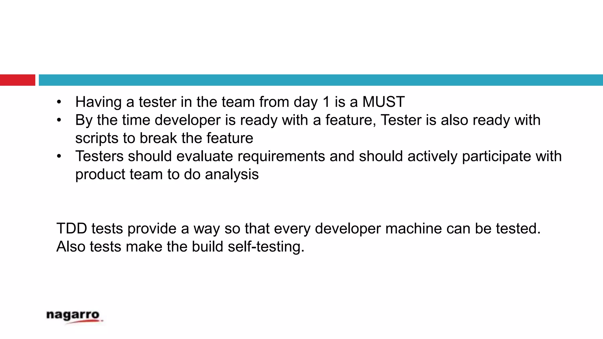 Steps to start TDDAnalyze the requirements and write the list of tasks or featuresPick a task or featureBrainstorm a list of tests for the task or featureReview the tests list and pick a testWrite the test caseRun the test case and see it fails to compileWrite only enough code that the test case compilesRun the test and see running the code failsWrite only enough code to just pass the testRefactor the production code and eliminate duplicationRepeat 
