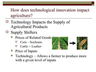  Technology Impacts the Supply of
Agricultural Products
 Supply Shifters
 Prices of Related Goods
 Corn – Soybeans
 Cattle -- Leather
 Price of Inputs
 Technology – Allows a farmer to produce more
with a given level of inputs
How does technological innovation impact
agriculture?
 