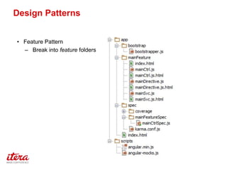 Design Patterns
• Feature Pattern
– Break into feature folders
 