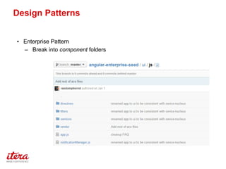 Design Patterns
• Enterprise Pattern
– Break into component folders
 