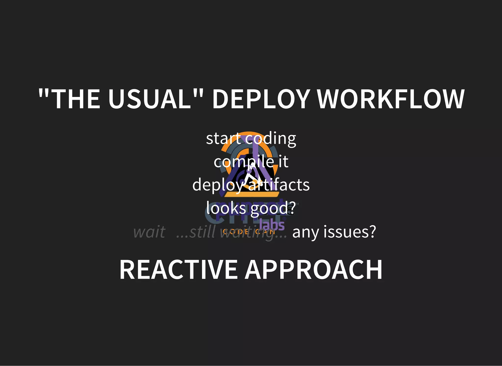 "THE USUAL" DEPLOY WORKFLOW
start coding
compile it
deploy artifacts
looks good?
  wait   ...still waiting... any issues?
REACTIVE APPROACH
 