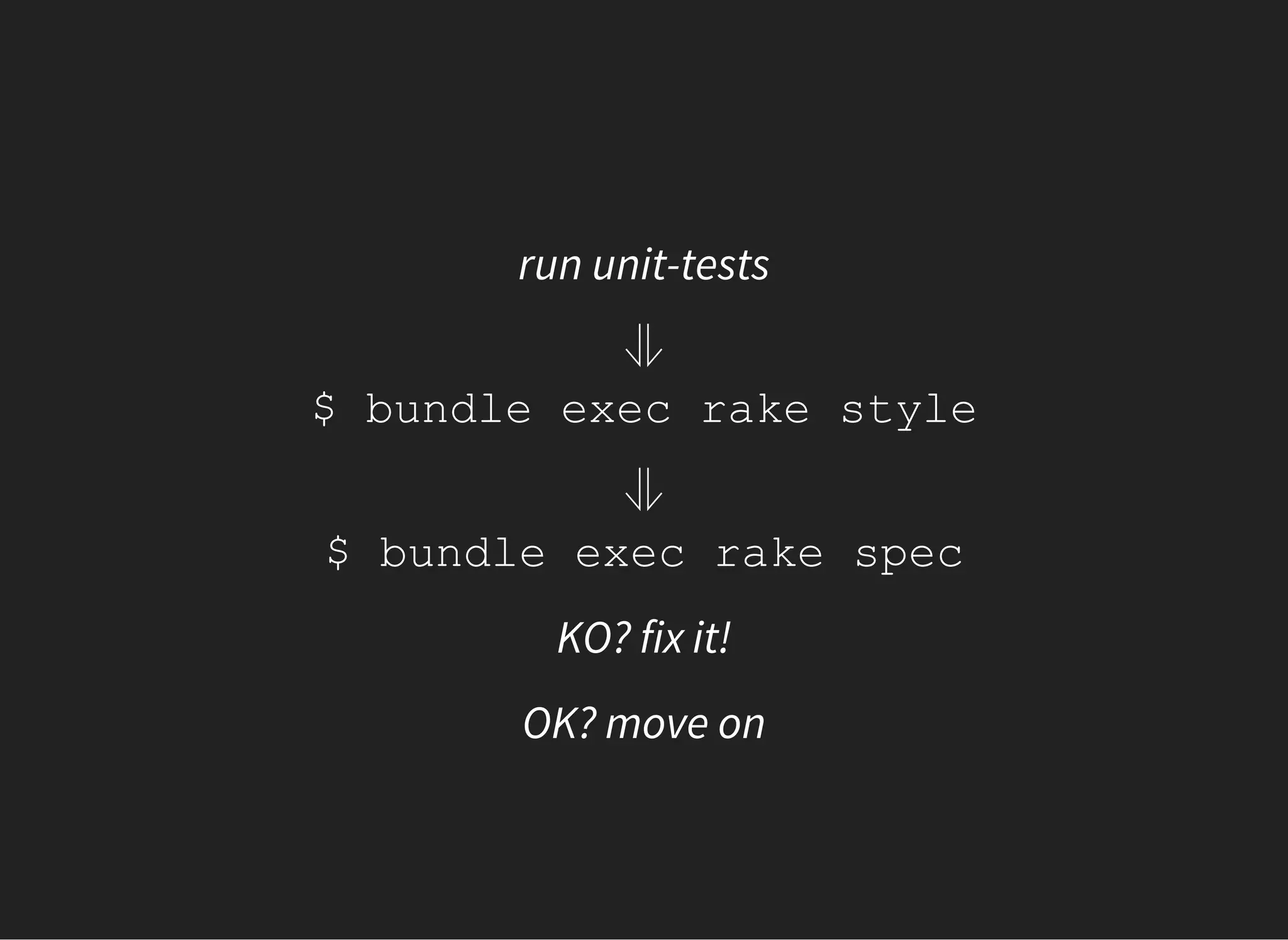 run unit-tests
⥥
$ bundle exec rake style
⥥
$ bundle exec rake spec
KO? fix it!
OK? move on
 