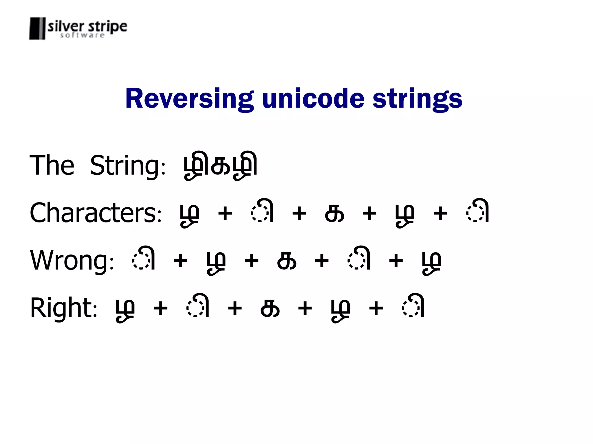 Reversing unicode strings

The String: ழ கழ
Characters: ழ + ி + க + ழ + ி
Wrong: ி + ழ + க + ி + ழ
Right: ழ + ி + க + ழ + ி
 