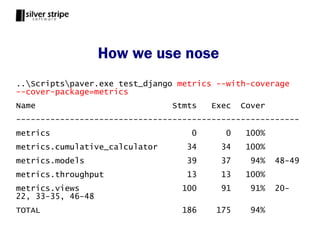 How we use nose
..Scriptspaver.exe test_django metrics --with-coverage
--cover-package=metrics
Name                            Stmts   Exec   Cover
----------------------------------------------------------
metrics                             0      0    100%
metrics.cumulative_calculator      34     34    100%
metrics.models                     39     37     94%   48-49
metrics.throughput                 13     13    100%
metrics.views                     100     91     91%   20-
22, 33-35, 46-48
TOTAL                             186    175     94%
 