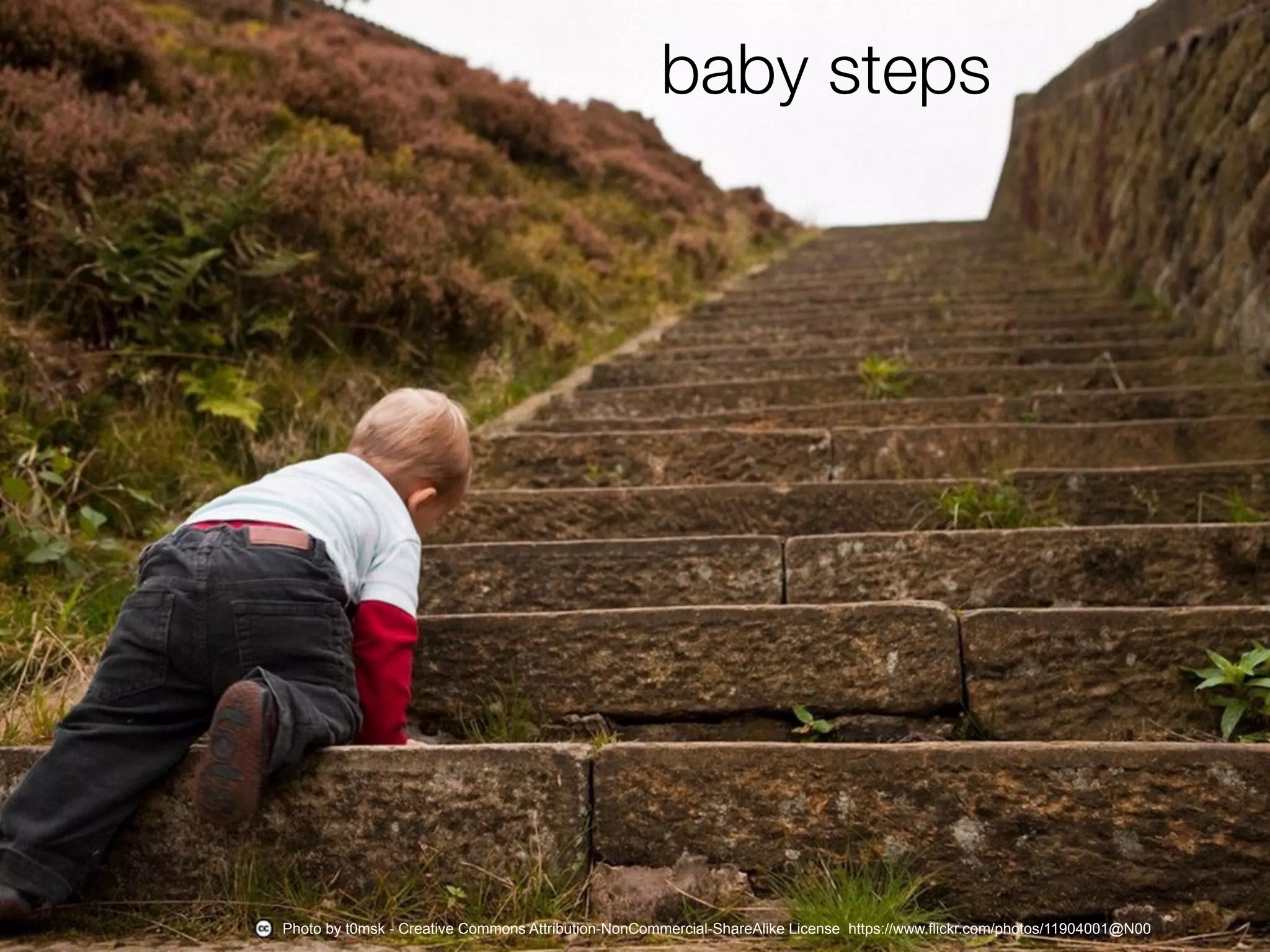 …img baby steps on stairs…
Photo by t0msk - Creative Commons Attribution-NonCommercial-ShareAlike License https://www.flickr.com/photos/11904001@N00
baby steps
 