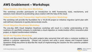 © 2019, Amazon Web Services, Inc. or its Affiliates.
AWS Enablement – Workshops
Value Creation One-Day Intro Workshop
This workshop provides participants an introduction to AWS frameworks, tools, mechanisms, and
solutions most relevant to accelerating value creation with the help of the cloud.
Value Creation Post-Transaction Application Migration Workshop
The workshop will provide the foundation for a 10-20-30 project or initiative migration sprint plan with
well-defined milestones to quickly demonstrate results.
Cloud Adoption Readiness Workshop
The one-day AWS Cloud Adoption Readiness workshop will result in a better understanding of the
readiness of a portfolio company to undertake a cloud migration or modernization effort, innovative pilot
project, or digital transformation initiative.
Art of the Possible Workshop
Identify and document three to five pilot projects (aka scenarios) that will solve a customer problem or
address a customer opportunity. Choose one scenario and write a press release and Frequent Asked
Questions (FAQ) document to describe the result of implementing the solution for this customer problem
or opportunity.
 