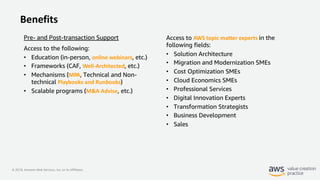 © 2019, Amazon Web Services, Inc. or its Affiliates.
Benefits
Pre- and Post-transaction Support
Access to the following:
• Education (in-person, online webinars, etc.)
• Frameworks (CAF, Well-Architected, etc.)
• Mechanisms (MPA, Technical and Non-
technical Playbooks and Runbooks)
• Scalable programs (M&A Advise, etc.)
Access to AWS topic matter experts in the
following fields:
• Solution Architecture
• Migration and Modernization SMEs
• Cost Optimization SMEs
• Cloud Economics SMEs
• Professional Services
• Digital Innovation Experts
• Transformation Strategists
• Business Development
• Sales
 