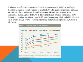 En lo que se refiere al consumo de alcohol “alguna vez en la vida”, se halló que
hombres y mujeres son afectados por igual (71.4%). En cuanto al consumo por edad
(ver Gráfica 3), el porcentaje de adolescentes de 14 años o menos que lo ha
consumido alguna vez es de 59.9 y el de quienes tienen 18 años o más es de 89.9.
Más de la mitad de los adolescentes de 17 años (menores de edad) ha bebido alcohol
en el último mes, y 38.5% consume alcohol de manera nociva (Villatoro, Gaytán et
ál., 2010).
 
