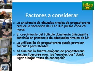 Factores a considerar
La existencia de elevados niveles de progesterona
reduce la secreción de LH a 4-5 pulsos cada 24
horas
El crecimiento del folículo dominante únicamente
continúa en presencia de adecuados niveles de LH
La utilización de progesterona puede provocar
folículos persistentes
Al eliminar la fuente exógena de progesterona
pueden liberarse ovocitos “envejecidos” dando
lugar a bajas tasas de concepción
 