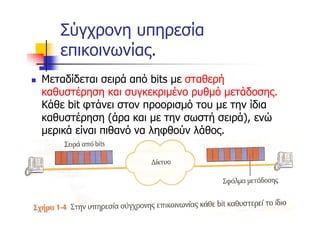 Σύγχρονη υπηρεσία
       επικοινωνίας.
n   Μεταδίδεται σειρά από bits με σταθερή
    καθυστέρηση και συγκεκριμένο ρυθμό μετάδοσης.
    Κάθε bit φτάνει στον προορισμό του με την ίδια
    καθυστέρηση (άρα και με την σωστή σειρά), ενώ
    μερικά είναι πιθανό να ληφθούν λάθος.




                       ΛΕΥΘΕΡΟΥΔΗΣ ΘΕΟΔΩΡΟΣ ΠΕ
       11/21/2012               1708                 21
 