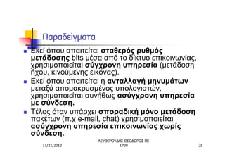 Παραδείγματα
n   Εκεί όπου απαιτείται σταθερός ρυθμός
    μετάδοσης bits μέσα από το δίκτυο επικοινωνίας,
    χρησιμοποιείται σύγχρονη υπηρεσία (μετάδοση
    ήχου, κινούμενης εικόνας).
n   Εκεί όπου απαιτείται η ανταλλαγή μηνυμάτων
    μεταξύ απομακρυσμένος υπολογιστών,
    χρησιμοποιείται συνήθως ασύγχρονη υπηρεσία
    με σύνδεση.
n   Τέλος όταν υπάρχει σποραδική μόνο μετάδοση
    πακέτων (π.χ e-mail, chat) χρησιμοποιείται
    ασύγχρονη υπηρεσία επικοινωνίας χωρίς
    σύνδεση.
                       ΛΕΥΘΕΡΟΥΔΗΣ ΘΕΟΔΩΡΟΣ ΠΕ
       11/21/2012               1708                  25
 