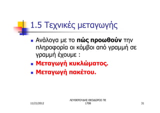 1.5 Τεχνικές μεταγωγής
n   Ανάλογα με το πώς προωθούν την
    πληροφορία οι κόμβοι από γραμμή σε
    γραμμή έχουμε :
n   Μεταγωγή κυκλώματος.
n   Μεταγωγή πακέτου.



               ΛΕΥΘΕΡΟΥΔΗΣ ΘΕΟΔΩΡΟΣ ΠΕ
11/21/2012              1708             31
 