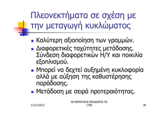 Πλεονεκτήματα σε σχέση με
την μεταγωγή κυκλώματος
n   Καλύτερη αξιοποίηση των γραμμών.
n   Διαφορετικές ταχύτητες μετάδοσης.
    Σύνδεση διαφορετικών Η/Υ και ποικιλία
    εξοπλισμού.
n   Μπορεί να δεχτεί αυξημένη κυκλοφορία
    αλλά με αύξηση της καθυστέρησης
    παράδοσης.
n   Μετάδοση με σειρά προτεραιότητας.
               ΛΕΥΘΕΡΟΥΔΗΣ ΘΕΟΔΩΡΟΣ ΠΕ
11/21/2012              1708             38
 