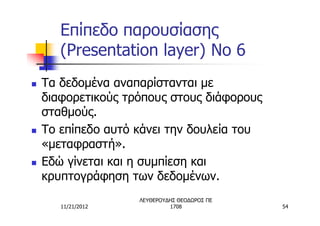 Επίπεδο παρουσίασης
       (Presentation layer) No 6
n   Τα δεδομένα αναπαρίστανται με
    διαφορετικούς τρόπους στους διάφορους
    σταθμούς.
n   Το επίπεδο αυτό κάνει την δουλεία του
    «μεταφραστή».
n   Εδώ γίνεται και η συμπίεση και
    κρυπτογράφηση των δεδομένων.
                    ΛΕΥΘΕΡΟΥΔΗΣ ΘΕΟΔΩΡΟΣ ΠΕ
       11/21/2012            1708             54
 