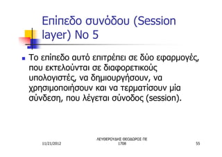 Επίπεδο συνόδου (Session
       layer) No 5
n   Το επίπεδο αυτό επιτρέπει σε δύο εφαρμογές,
    που εκτελούνται σε διαφορετικούς
    υπολογιστές, να δημιουργήσουν, να
    χρησιμοποιήσουν και να τερματίσουν μία
    σύνδεση, που λέγεται σύνοδος (session).



                     ΛΕΥΘΕΡΟΥΔΗΣ ΘΕΟΔΩΡΟΣ ΠΕ
       11/21/2012             1708             55
 