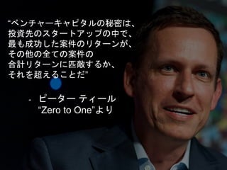 “ベンチャーキャピタルの秘密は、
投資先のスタートアップの中で、
最も成功した案件のリターンが、
その他の全ての案件の
合計リターンに匹敵するか、
それを超えることだ”
- ピーター ティール
“Zero to One”より
 