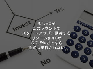 もしVCが
このラウンドで
スタートアップに期待する
リターン(IRR)が
５７.5％以上なら
投資は実行されない
 