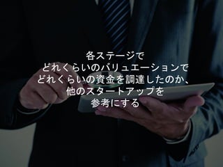 各ステージで
どれくらいのバリュエーションで
どれくらいの資金を調達したのか、
他のスタートアップを
参考にする
 