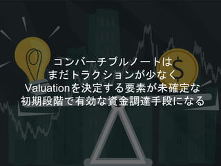 コンバーチブルノートは
まだトラクションが少なく
Valuationを決定する要素が未確定な
初期段階で有効な資金調達手段になる
 