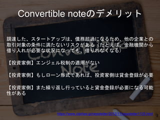 Convertible noteのデメリット
調達した、スタートアップは、債務超過になるため、他の企業との
取引対象の条件に満たないリスクがある（たとえば、金融機関から
借り入れが必要な状況になっても、借りれなくなる）
【投資家側】エンジェル税制の適用がない
【投資家側】もしローン形式であれば、投資家側は貸金登録が必要
【投資家側】また繰り返し行っていると貸金登録が必要になる可能
性がある
https://www.clairlaw.jp/newsletter/2012/11/newsletter1105.html
 