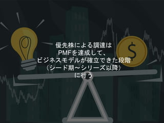 優先株による調達は
PMFを達成して、
ビジネスモデルが確立できた段階
（シード期〜シリーズ以降）
に行う
 