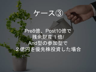Pre8億、Post10億で
残余財産１倍/
And型の参加型で
２億円を優先株投資した場合
ケース③
 
