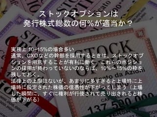 ストックオプションは
発行株式総数の何%が適当か？
実務上 10~15%の場合多い
通常、CXOなどの幹部を採用するときは、ストックオプ
ションを用意することが有利に働く。これらのポジショ
ンの採用が終わっていないのならば、10%〜15%の枠を
残しておく。
法律上の上限はないが、あまりに多すぎると上場時に上
場時に設定された株価の信憑性が下がってしまう（上場
した瞬間に、すぐに権利が行使されて売り出されると株
価が下がる）
 