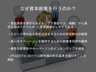 ・資金調達を適切なタイミングで適切な人（組織）から適
切な方法で行うため → 資金調達がしやすくなる ！
・スピード感のある意思決定をするための安定株主の確保
・高いモチベーションを維持するための創業者利潤の獲得
・優秀な従業員やキーパーソンのインセンティブを確保
・IPO(EXIT)に向けて公開市場の形式基準を満たすことを
検証
なぜ資本政策を行うのか？
 