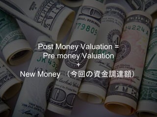 Post Money Valuation =
Pre money Valuation
+
New Money （今回の資金調達額）
 