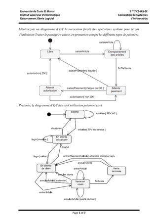 Université de Tunis El Manar
Institut supérieur d’informatique
Département Génie Logiciel
2-ème
CS-IRS-SE
Conception de Systèmes
d’Information
Page 5 of 7
Montrer par un diagramme d’E/T la succession forcée des opérations système pour le cas
d’utilisation Traiter le passage en caisse, en prenant en compte les différents types de paiement.
Présentez le diagramme d’E/T du cas d’utilisation paiement cash
 
