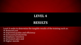 LEVEL 4
RESULTS
Level 4 seeks to determine the tangible results of the training such as:
 Reduced cost
 Improved quality and efficiency
 Increased productivity
 Employee retention
 Increased sales and
 Higher morale
 