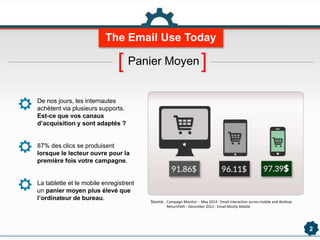 Source : Campaign Monitor - May 2014 - Email interaction across mobile and desktop
ReturnPath - December 2012 - Email Mostly Mobile
2
[ Panier Moyen]
De nos jours, les internautes
achètent via plusieurs supports.
Est-ce que vos canaux
d’acquisition y sont adaptés ?
87% des clics se produisent
lorsque le lecteur ouvre pour la
première fois votre campagne.
La tablette et le mobile enregistrent
un panier moyen plus élevé que
l’ordinateur de bureau.
The Email Use Today
 