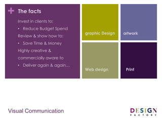 +
Standout Visual Communication
Invest in clients to:
? Reduce budget spend
Review & show how to:
? Save time & money
Highly creative &
commercially aware to
? Deliver again & again
The facts
graphic
design artwork
website
design print
 