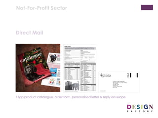 Not-For-Profit Sector
Direct Mail
Product catalogue, order form, letter & reply envelope
 