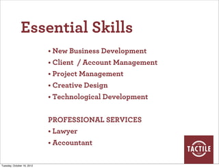 Essential Skills
                            • New Business Development
                            • Client / Account Management
                            • Project Management
                            • Creative Design
                            • Technological Development


                            PROFESSIONAL SERVICES
                            • Lawyer
                            • Accountant

Tuesday, October 16, 2012
 