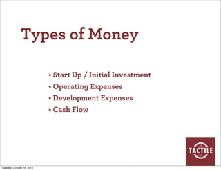 Types of Money

                            • Start Up / Initial Investment
                            • Operating Expenses
                            • Development Expenses
                            • Cash Flow




Tuesday, October 16, 2012
 
