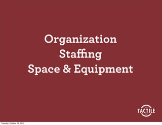 Organization
                                 Staﬃng
                            Space & Equipment



Tuesday, October 16, 2012
 