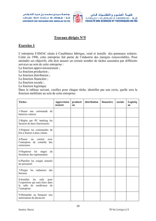 14
Samira .Slaoui TD & Corrigés G E
Travaux dirigés N°5
Exercice 1
L’entreprise FAMAC située à Casablanca fabrique, vend et installe des panneaux solaires.
Créée en 1996, cette entreprise fait partie de l’industrie des énergies renouvelables. Pour
atteindre ses objectifs, elle doit assurer un certain nombre de tâches assumées par différents
services au sein de cette entreprise :
La fonction approvisionnement ;
La fonction production ;
La fonction distribution ;
La fonction financière ;
La fonction sociale ;
La fonction logistique
Dans le tableau suivant, veuillez pour chaque tâche, identifier par une croix, quelle sera la
fonction mobilisée au sein de cette entreprise.
Tâches Approvision
nement
producti
on
distribution financière sociale Logistiq
ue
1-Passer une commande de
batteries solaires
2-Régler par PC banking les
factures de deux fournisseurs
3-Préparer les commandes de
kits à fournir à deux clients
4-Passer un contrat avec
l’entreprise de contrôle des
extincteurs
5-Organiser les stages de
formation des représentants
6-Planifier les congés annuels
du personnel
7-Purger les radiateurs des
bureaux
8-Installer les rails pour
l’exposition qui aura lieux dans
la salle de conférence de
l’entreprise
9-Demander au banquier une
autorisation de découvert
 