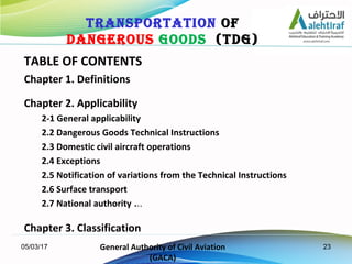 23
TABLE OF CONTENTS
Chapter 1. Definitions
Chapter 2. Applicability
2-1 General applicability
2.2 Dangerous Goods Technic...
