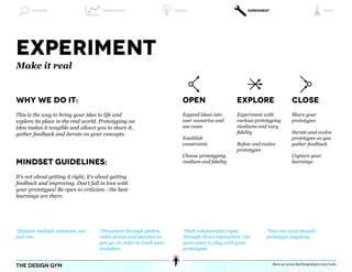 Examine                         Understand                     Ideate                           Experiment                              Distil




experiment
Make it real


Why We do it:                                                            Open                     Explore                     Close
This is the way to bring your idea to life and                           Expand ideas into        Experiment with             Share your
explore its place in the real world. Prototyping an                      user scenarios and       various prototyping         prototypes
idea makes it tangible and allows you to share it,                       use cases                mediums and vary
gather feedback and iterate on your concepts.                                                     fidelity                    Iterate and evolve
                                                                         Establish                                            prototypes as you
                                                                         constraints              Refine and evolve           gather feedback
                                                                                                  prototypes
                                                                         Choose prototyping                                   Capture your
Mindset Guidelines:                                                      medium and fidelity                                  learnings


It’s not about getting it right, it’s about getting
feedback and improving. Don’t fall in love with
your prototypes! Be open to criticism - the best
learnings are there.




*Explore multiple solutions, not     *Document through photos,            *Seek collaborative input            *You can (and should)
just one.                            video demos and sketches as          through direct interaction. Get      prototype anything.
                                     you go, in order to track your       your users to play with your
                                     evolution.                           prototypes.


                                                                                                                    More at www.theDesignGym.com/tools
the design gym
 