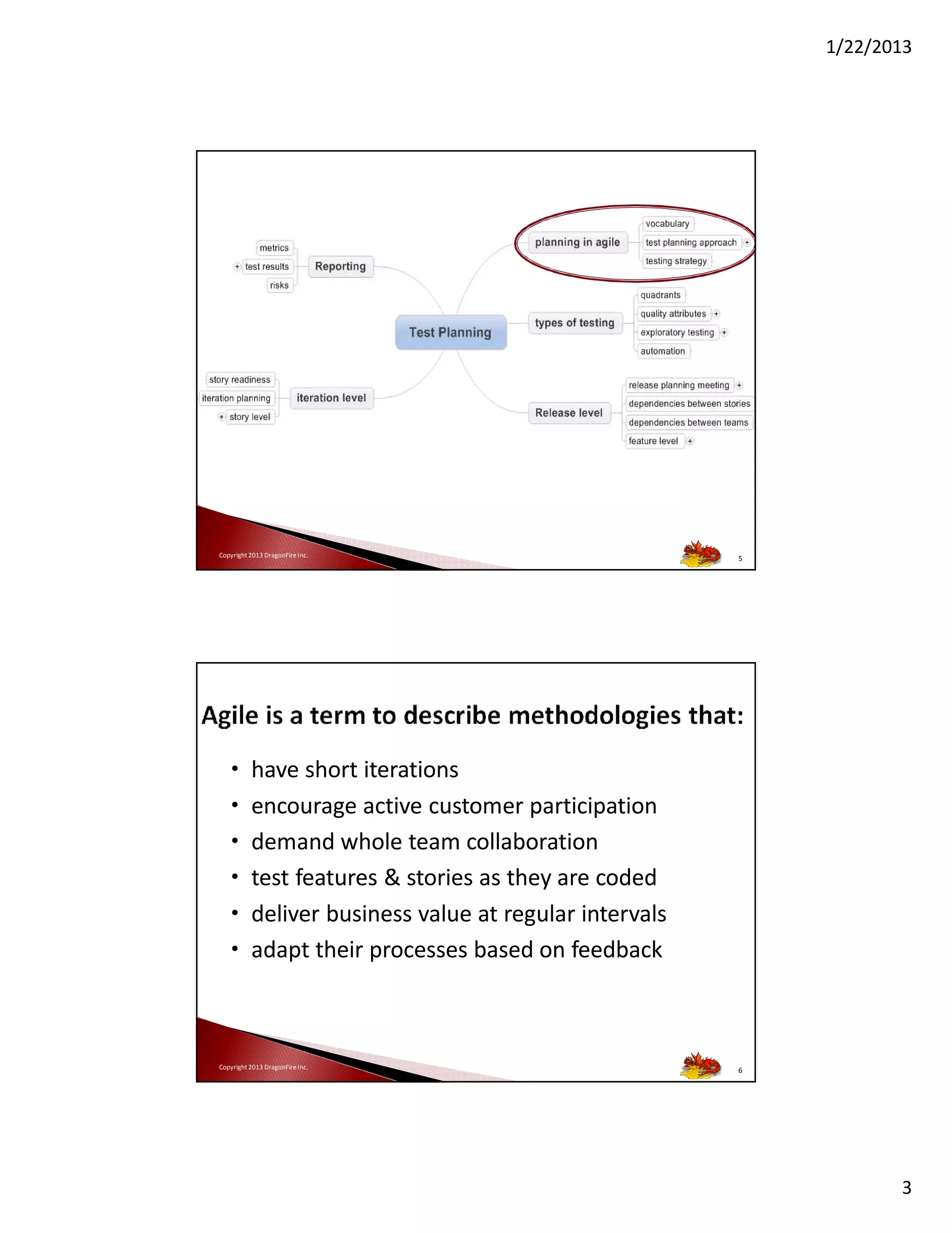 1/22/2013

Copyright 2013 DragonFire Inc.

•
•
•
•
•
•

5

have short iterations
encourage active customer participation
demand whole team collaboration
test features & stories as they are coded
deliver business value at regular intervals
adapt their processes based on feedback

Copyright 2013 DragonFire Inc.

6

3

 